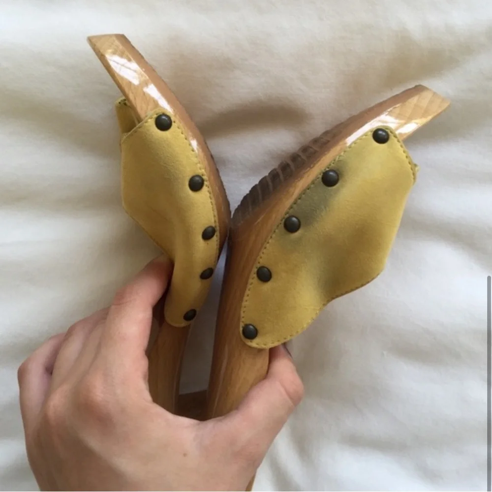 Yellow Chanel peep toe buckle clogs sz 40